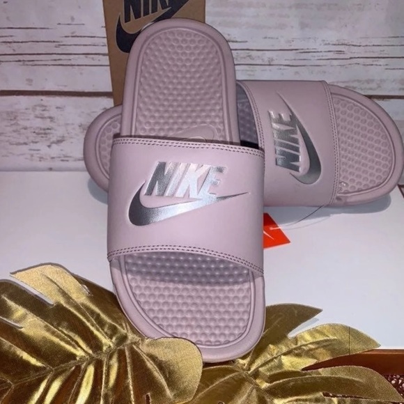 particle rose nike slides